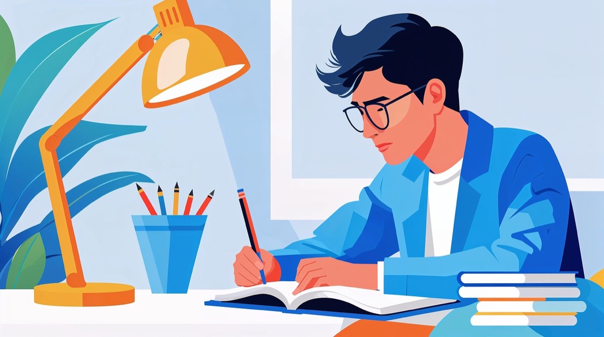 Student at a desk with notes and a notebook open